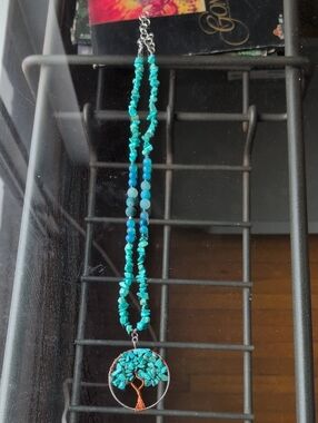 Turquoise Wagnernite Chip Tree of Life Beaded Necklace